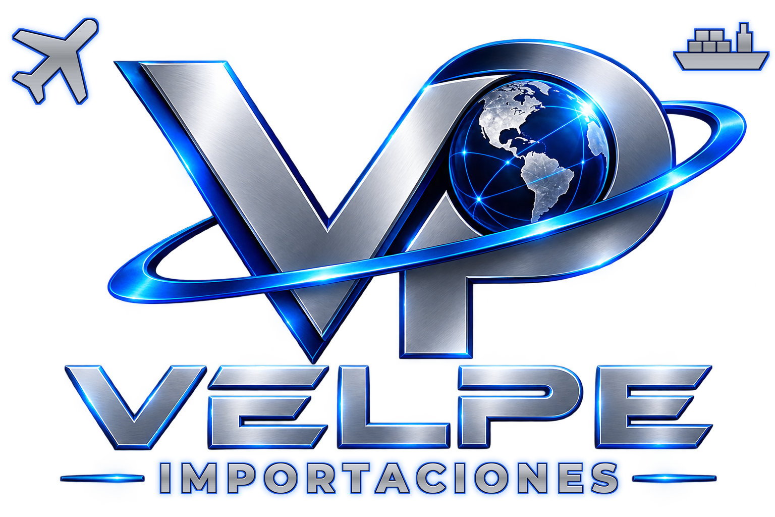 Logo de VELPE Importaciones: monograma VP con globo terráqueo, avión y barco